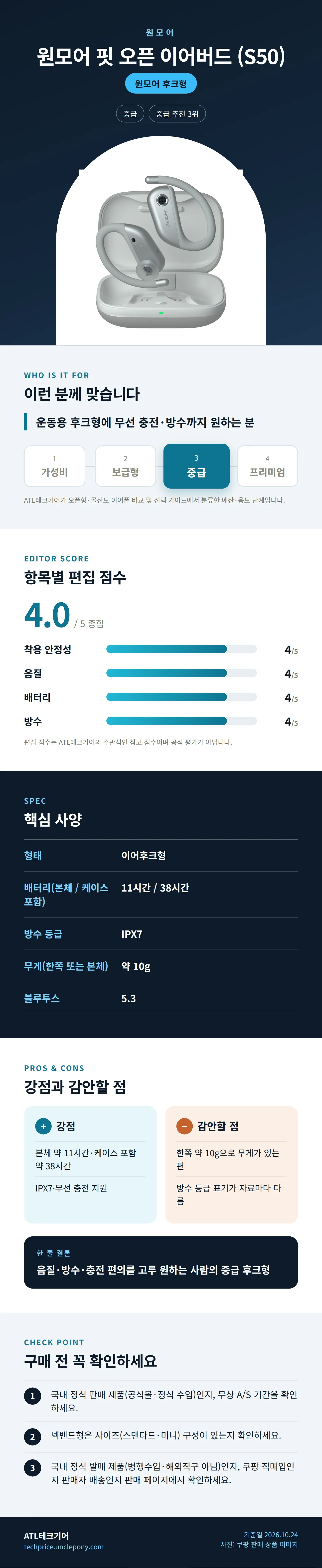 원모어 핏 오픈 이어버드 (S50) 상세 정보: 추천 대상, 항목별 편집 점수, 핵심 사양, 강점과 감안할 점, 구매 전 확인