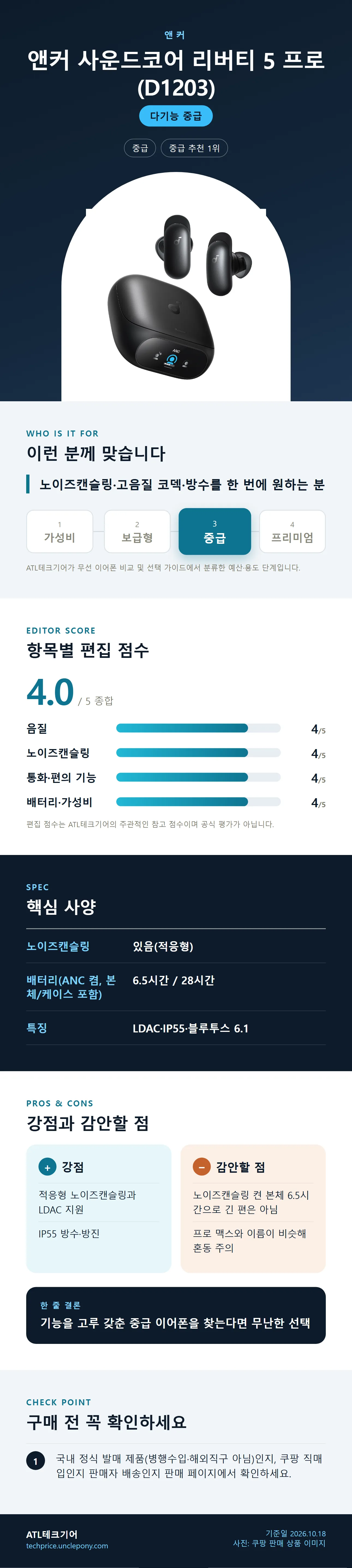 앤커 사운드코어 리버티 5 프로 (D1203) 상세 정보: 추천 대상, 항목별 편집 점수, 핵심 사양, 강점과 감안할 점, 구매 전 확인