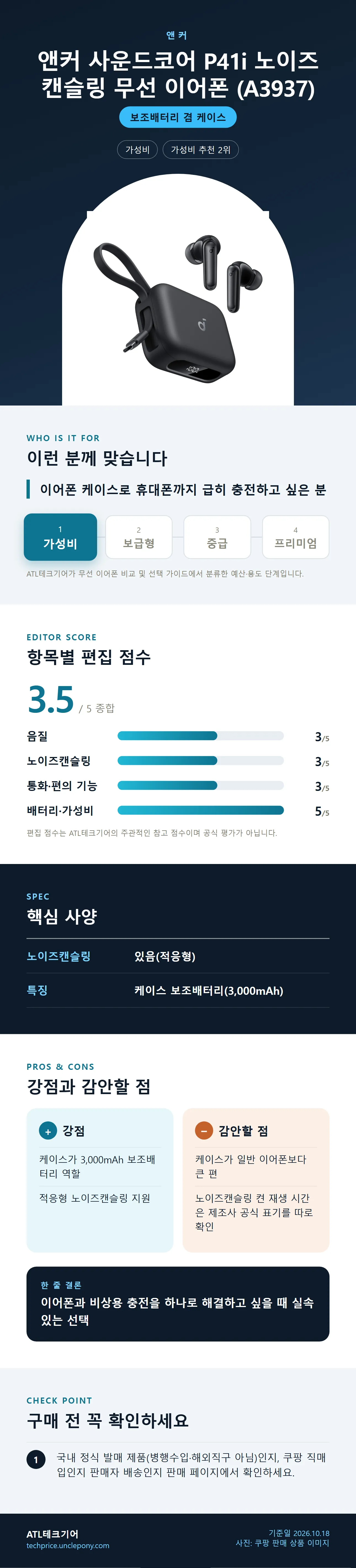앤커 사운드코어 P41i 노이즈캔슬링 무선 이어폰 (A3937) 상세 정보: 추천 대상, 항목별 편집 점수, 핵심 사양, 강점과 감안할 점, 구매 전 확인