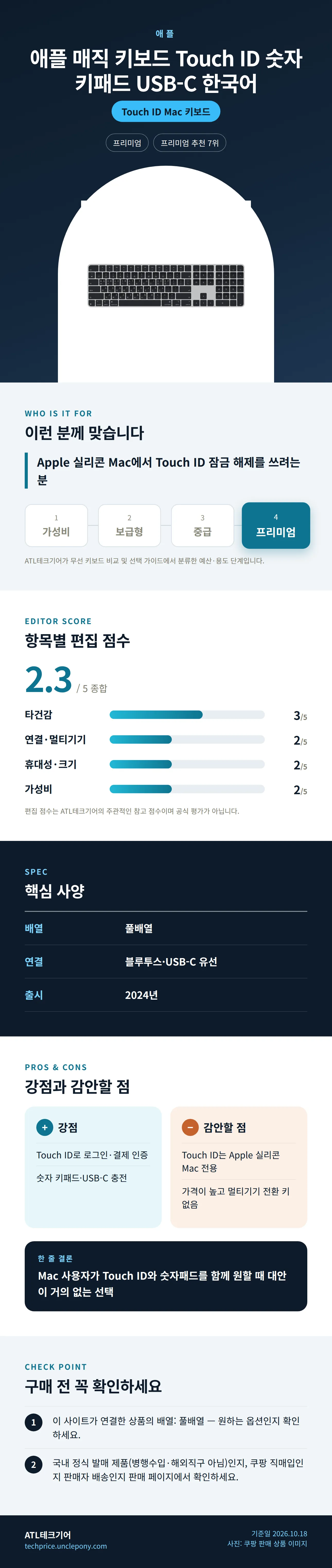 애플 매직 키보드 Touch ID 숫자 키패드 USB-C 한국어 상세 정보: 추천 대상, 항목별 편집 점수, 핵심 사양, 강점과 감안할 점, 구매 전 확인
