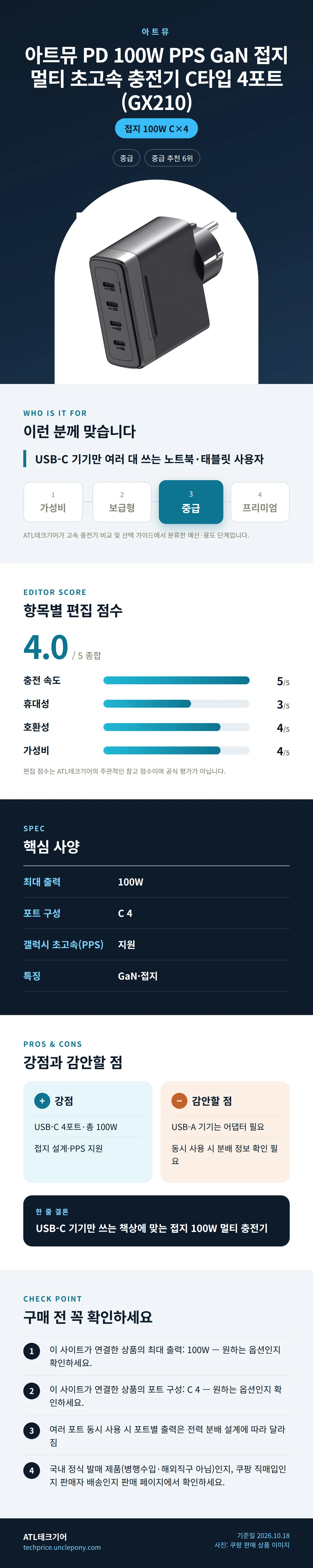 아트뮤 PD 100W PPS GaN 접지 멀티 초고속 충전기 C타입 4포트 (GX210) 상세 정보: 추천 대상, 항목별 편집 점수, 핵심 사양, 강점과 감안할 점, 구매 전 확인