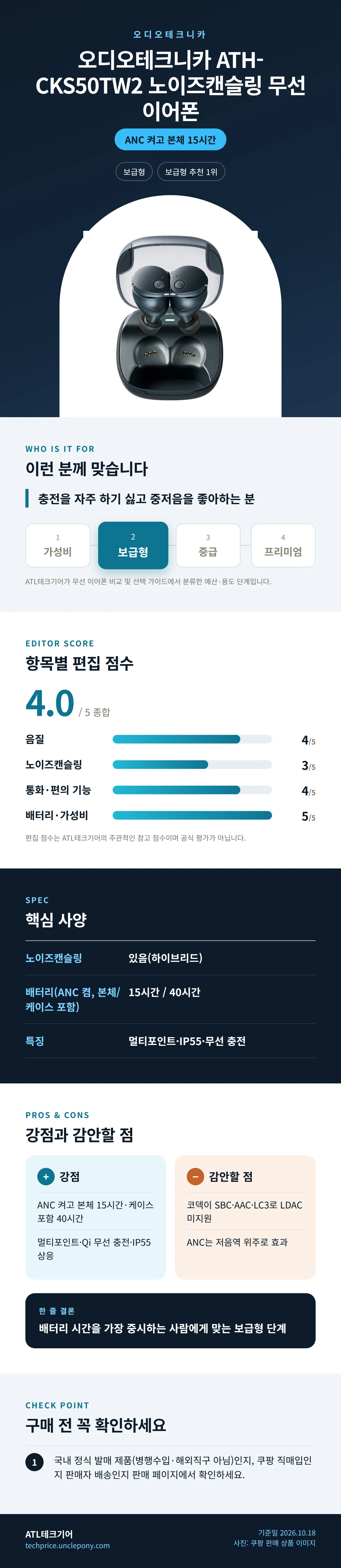 오디오테크니카 ATH-CKS50TW2 노이즈캔슬링 무선 이어폰 상세 정보: 추천 대상, 항목별 편집 점수, 핵심 사양, 강점과 감안할 점, 구매 전 확인