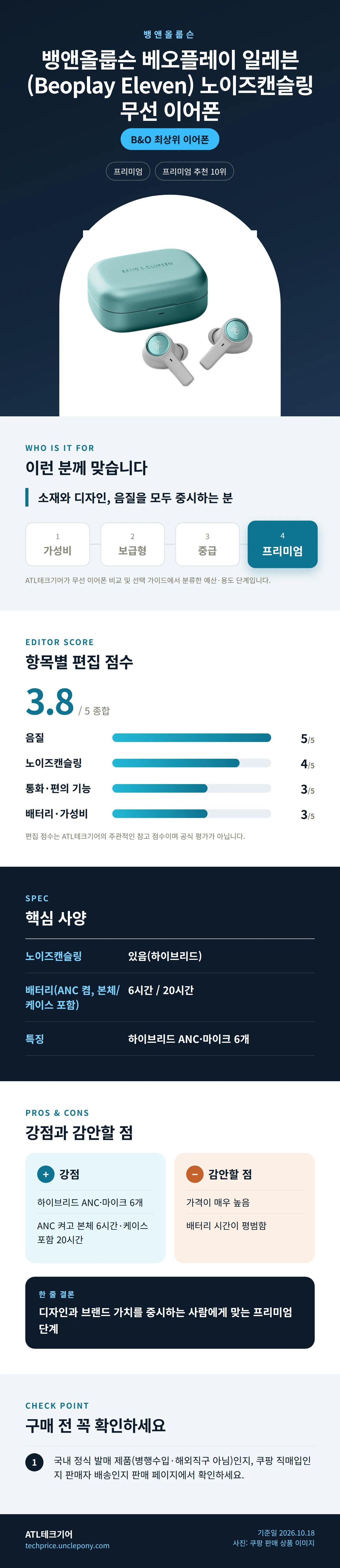 뱅앤올룹슨 베오플레이 일레븐 (Beoplay Eleven) 노이즈캔슬링 무선 이어폰 상세 정보: 추천 대상, 항목별 편집 점수, 핵심 사양, 강점과 감안할 점, 구매 전 확인