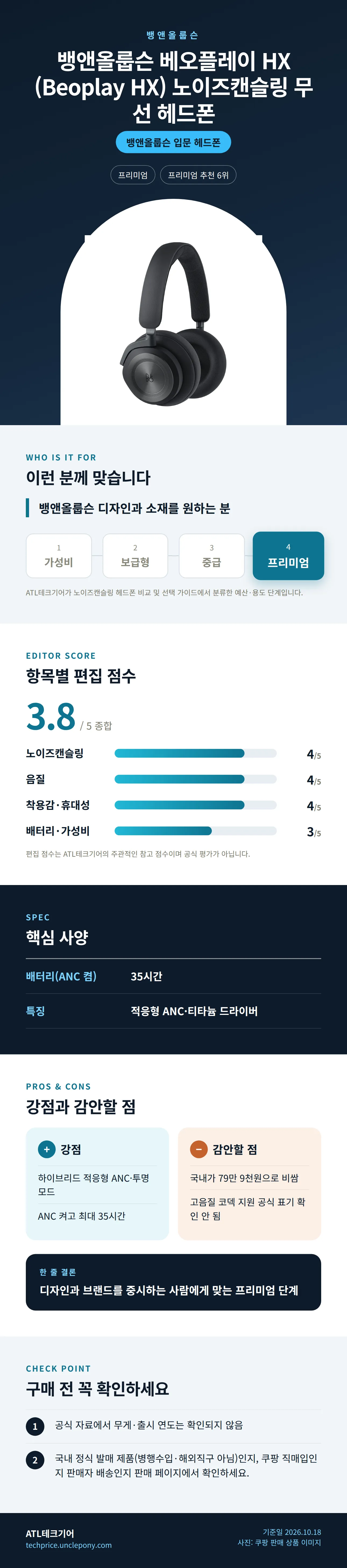 뱅앤올룹슨 베오플레이 HX (Beoplay HX) 노이즈캔슬링 무선 헤드폰 상세 정보: 추천 대상, 항목별 편집 점수, 핵심 사양, 강점과 감안할 점, 구매 전 확인