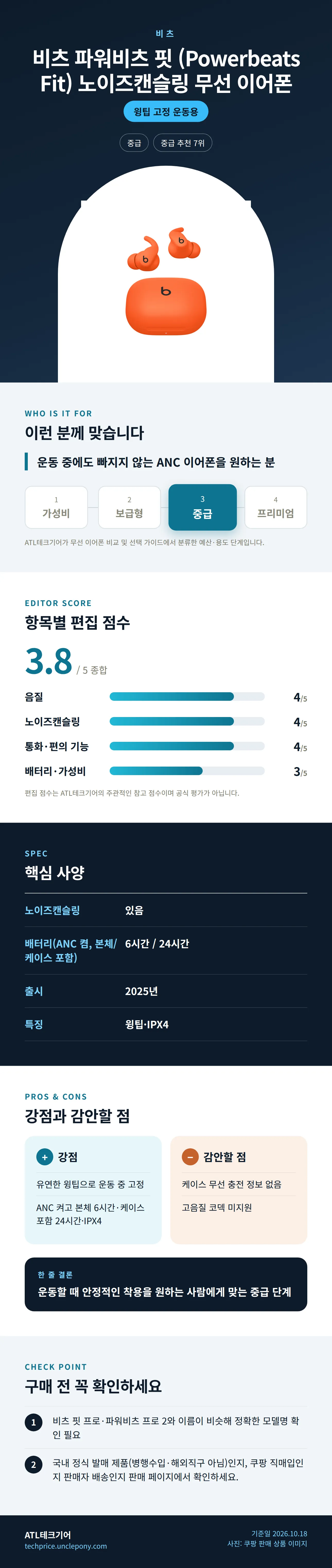 비츠 파워비츠 핏 (Powerbeats Fit) 노이즈캔슬링 무선 이어폰 상세 정보: 추천 대상, 항목별 편집 점수, 핵심 사양, 강점과 감안할 점, 구매 전 확인
