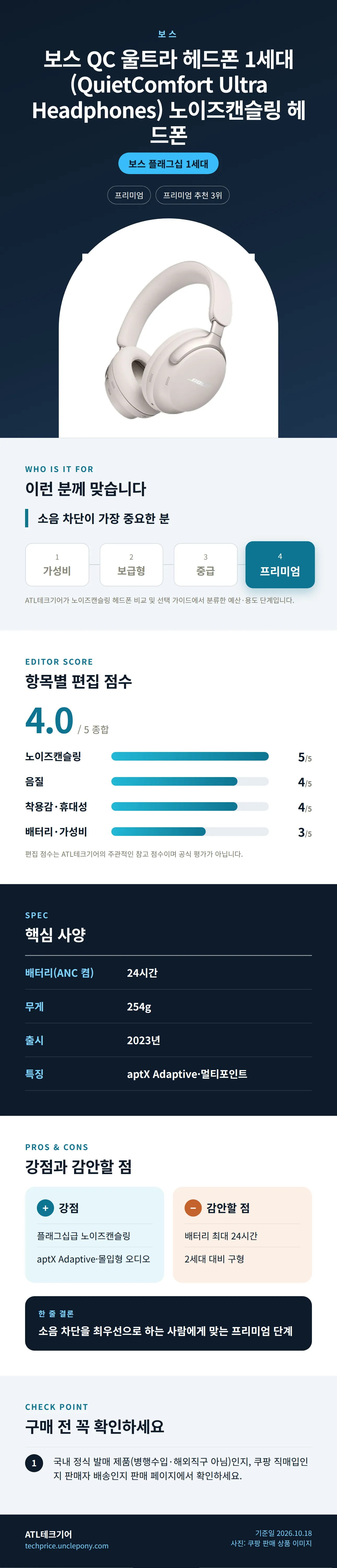 보스 QC 울트라 헤드폰 1세대 (QuietComfort Ultra Headphones) 노이즈캔슬링 헤드폰 상세 정보: 추천 대상, 항목별 편집 점수, 핵심 사양, 강점과 감안할 점, 구매 전 확인