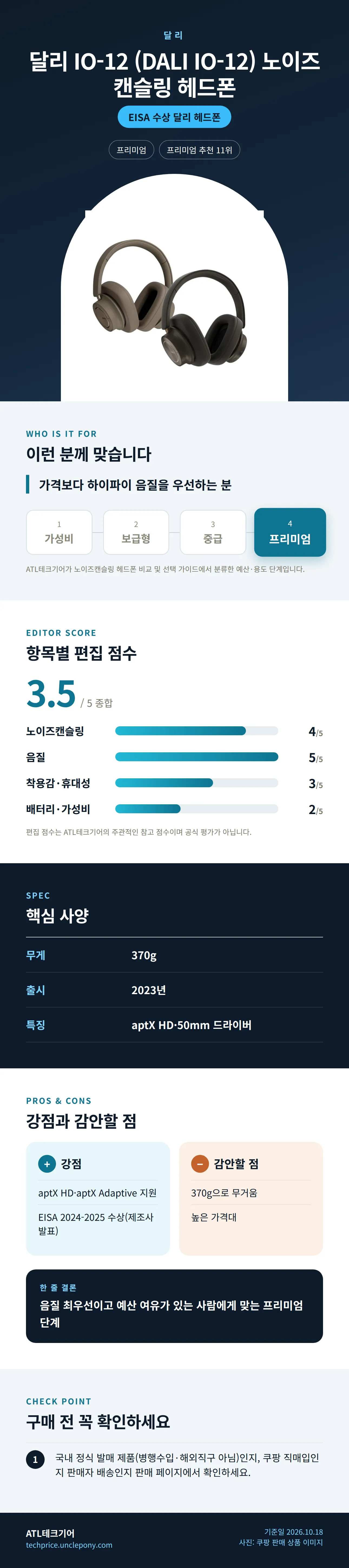 달리 IO-12 (DALI IO-12) 노이즈캔슬링 헤드폰 상세 정보: 추천 대상, 항목별 편집 점수, 핵심 사양, 강점과 감안할 점, 구매 전 확인