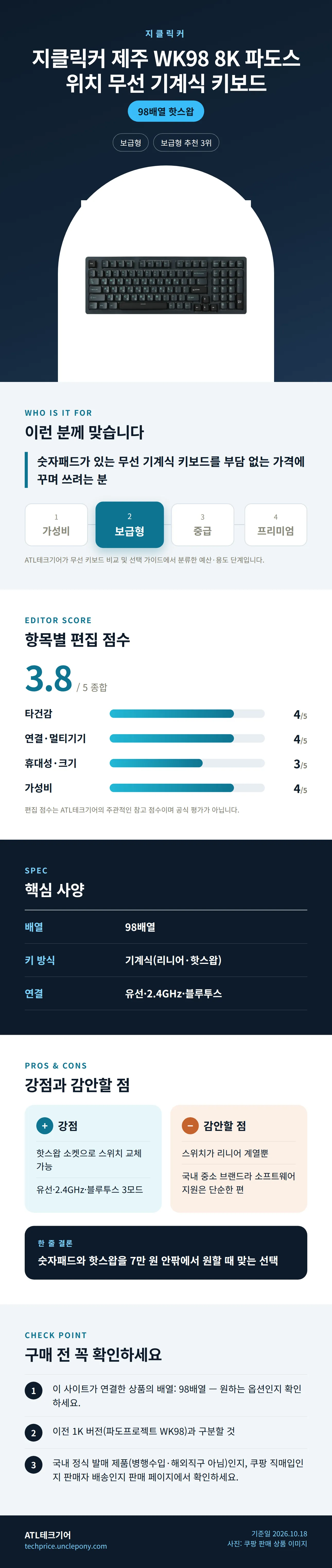 지클릭커 제주 WK98 8K 파도스위치 무선 기계식 키보드 상세 정보: 추천 대상, 항목별 편집 점수, 핵심 사양, 강점과 감안할 점, 구매 전 확인