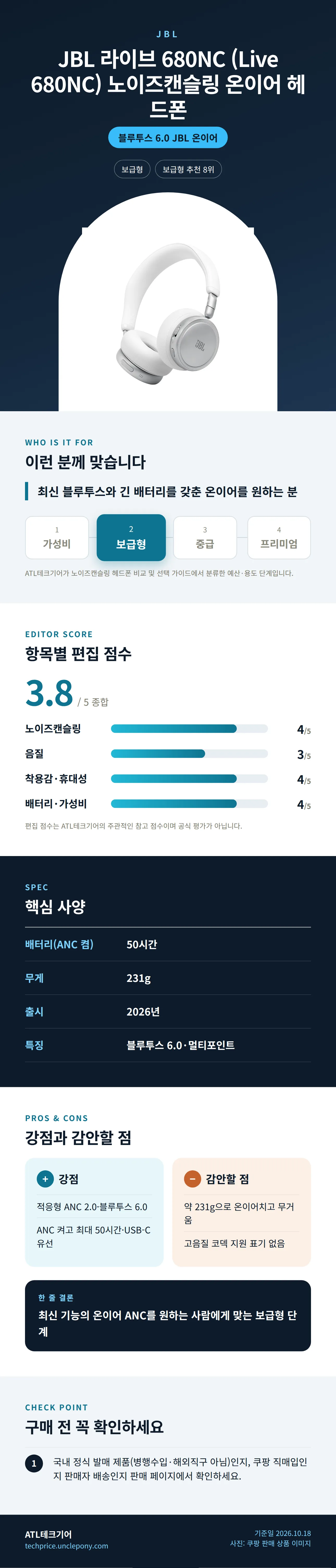 JBL 라이브 680NC (Live 680NC) 노이즈캔슬링 온이어 헤드폰 상세 정보: 추천 대상, 항목별 편집 점수, 핵심 사양, 강점과 감안할 점, 구매 전 확인