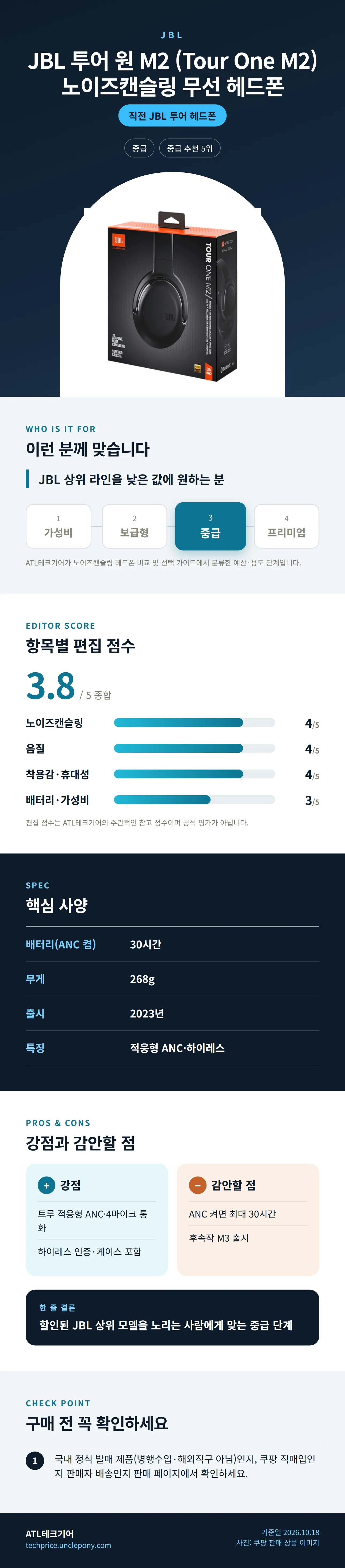 JBL 투어 원 M2 (Tour One M2) 노이즈캔슬링 무선 헤드폰 상세 정보: 추천 대상, 항목별 편집 점수, 핵심 사양, 강점과 감안할 점, 구매 전 확인
