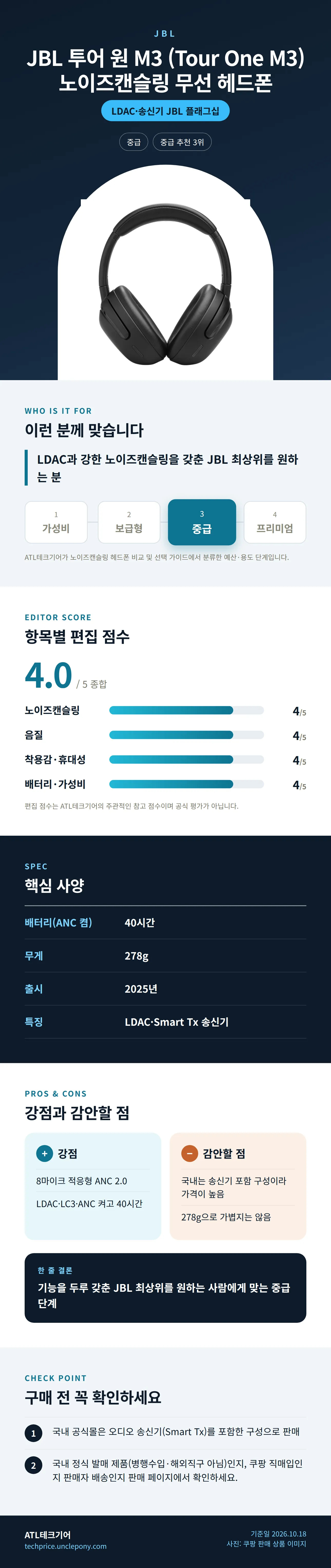 JBL 투어 원 M3 (Tour One M3) 노이즈캔슬링 무선 헤드폰 상세 정보: 추천 대상, 항목별 편집 점수, 핵심 사양, 강점과 감안할 점, 구매 전 확인