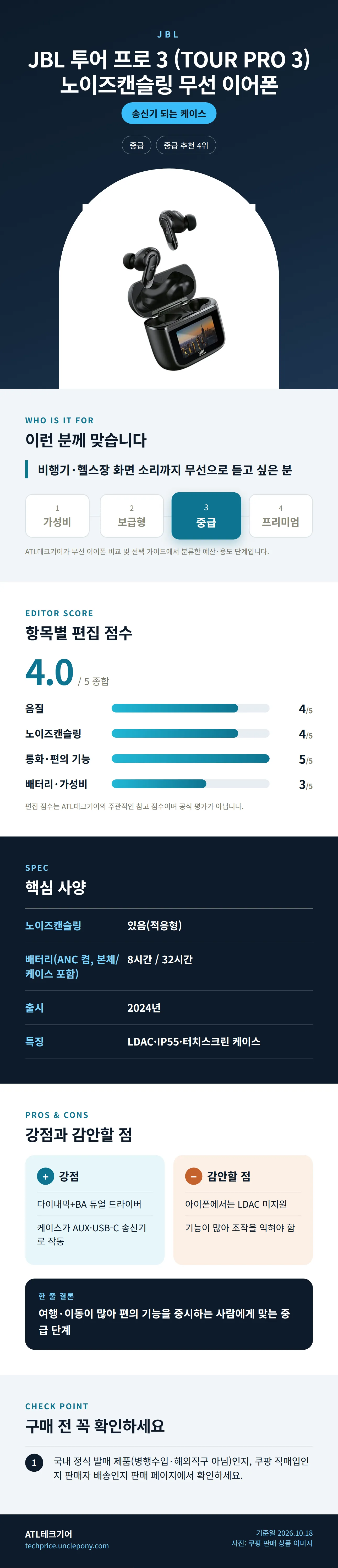 JBL 투어 프로 3 (TOUR PRO 3) 노이즈캔슬링 무선 이어폰 상세 정보: 추천 대상, 항목별 편집 점수, 핵심 사양, 강점과 감안할 점, 구매 전 확인
