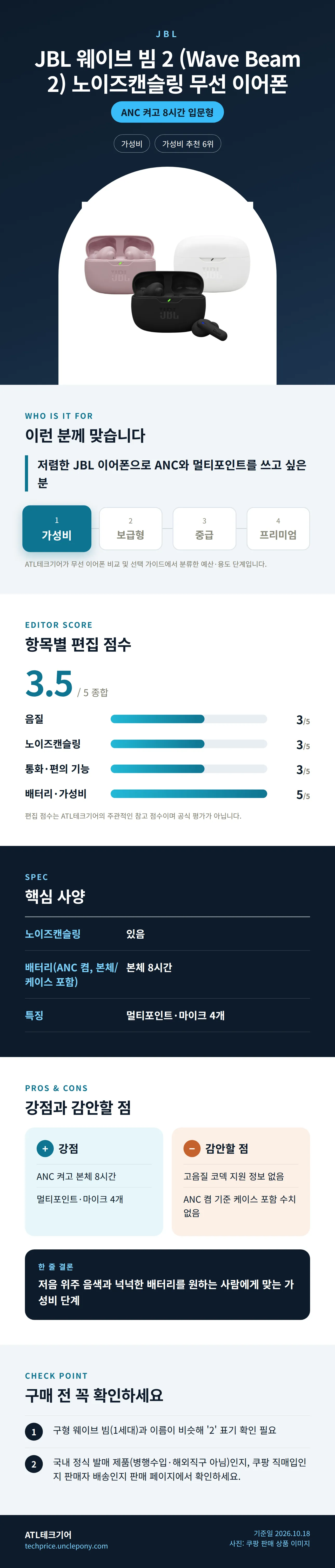 JBL 웨이브 빔 2 (Wave Beam 2) 노이즈캔슬링 무선 이어폰 상세 정보: 추천 대상, 항목별 편집 점수, 핵심 사양, 강점과 감안할 점, 구매 전 확인