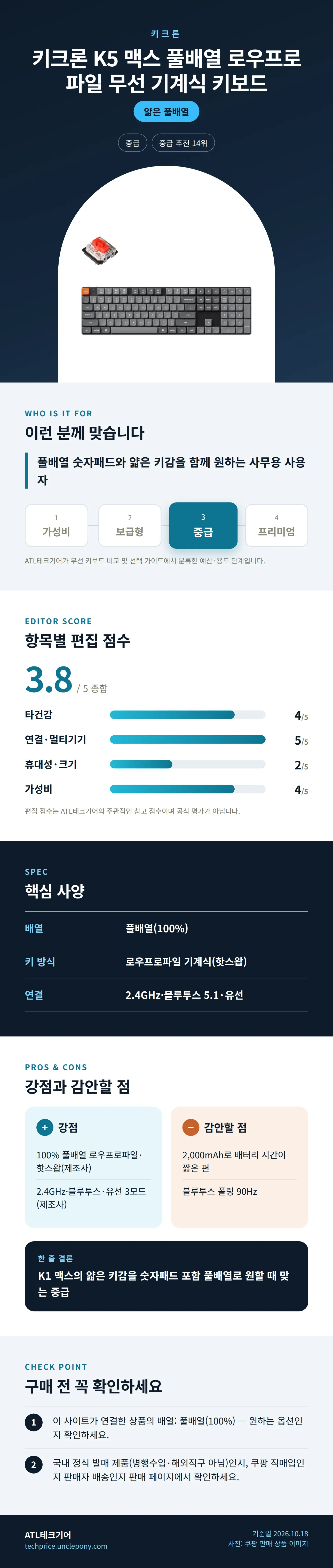 키크론 K5 맥스 풀배열 로우프로파일 무선 기계식 키보드 상세 정보: 추천 대상, 항목별 편집 점수, 핵심 사양, 강점과 감안할 점, 구매 전 확인