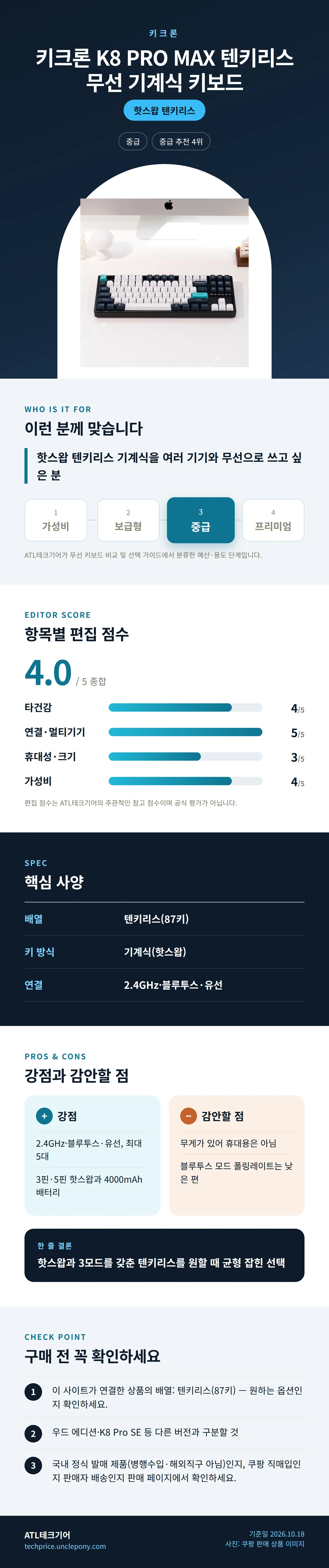 키크론 K8 PRO MAX 텐키리스 무선 기계식 키보드 상세 정보: 추천 대상, 항목별 편집 점수, 핵심 사양, 강점과 감안할 점, 구매 전 확인