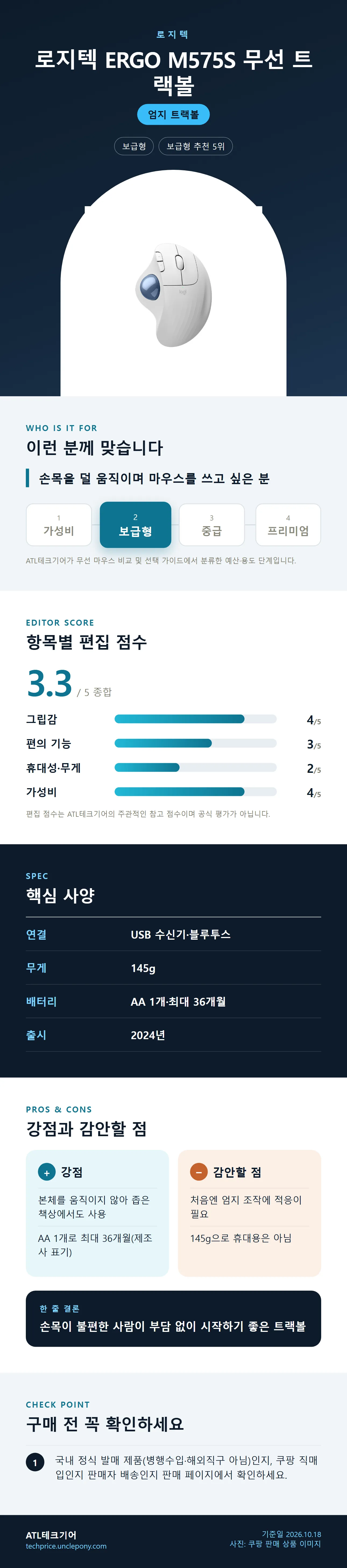 로지텍 ERGO M575S 무선 트랙볼 상세 정보: 추천 대상, 항목별 편집 점수, 핵심 사양, 강점과 감안할 점, 구매 전 확인
