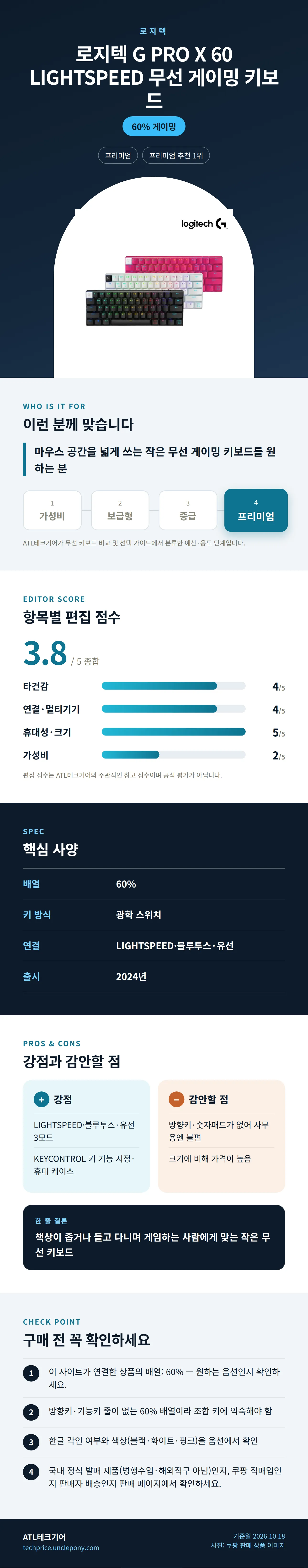 로지텍 G PRO X 60 LIGHTSPEED 무선 게이밍 키보드 상세 정보: 추천 대상, 항목별 편집 점수, 핵심 사양, 강점과 감안할 점, 구매 전 확인