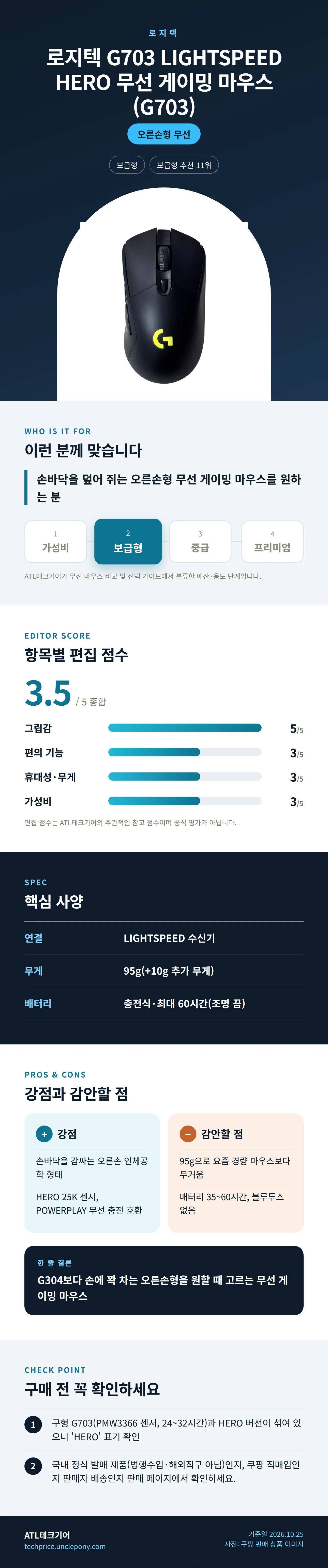로지텍 G703 LIGHTSPEED HERO 무선 게이밍 마우스 (G703) 상세 정보: 추천 대상, 항목별 편집 점수, 핵심 사양, 강점과 감안할 점, 구매 전 확인
