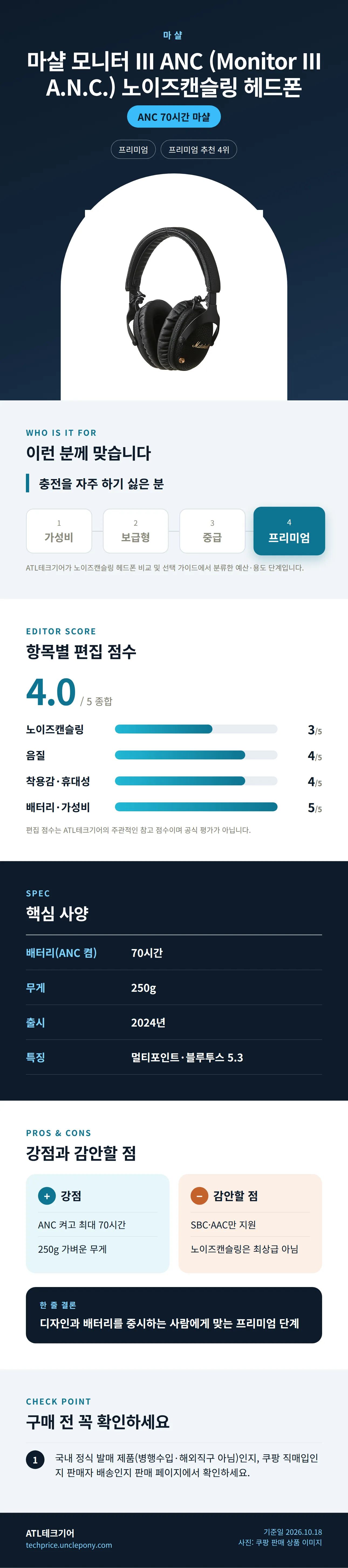 마샬 모니터 III ANC (Monitor III A.N.C.) 노이즈캔슬링 헤드폰 상세 정보: 추천 대상, 항목별 편집 점수, 핵심 사양, 강점과 감안할 점, 구매 전 확인