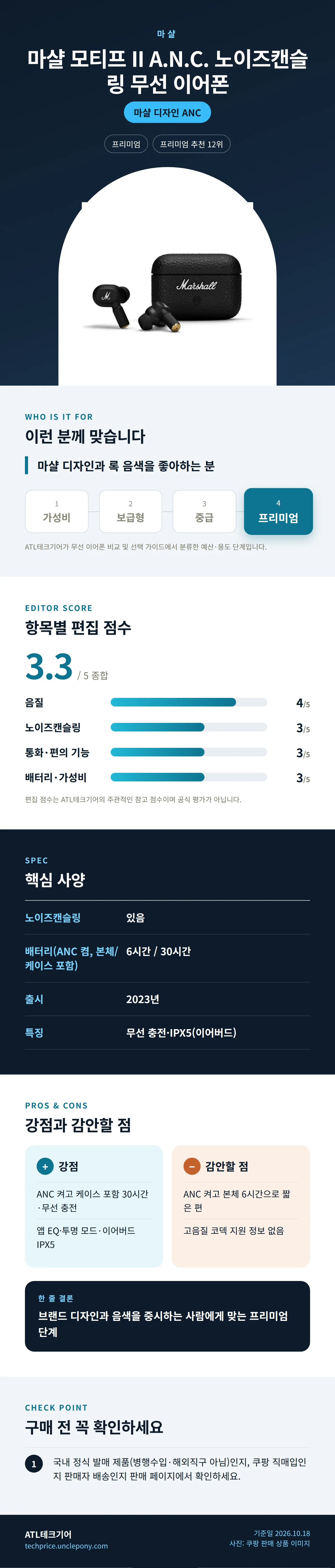 마샬 모티프 II A.N.C. 노이즈캔슬링 무선 이어폰 상세 정보: 추천 대상, 항목별 편집 점수, 핵심 사양, 강점과 감안할 점, 구매 전 확인