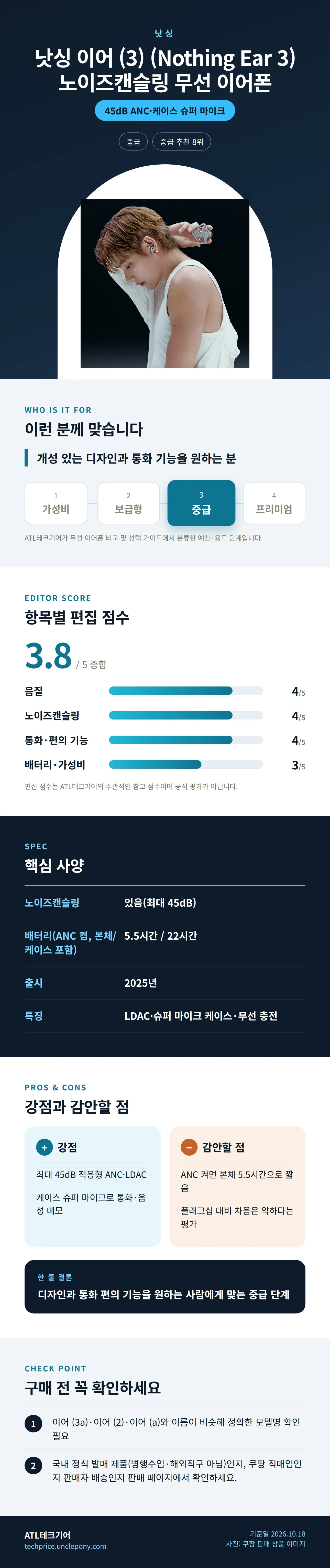 낫싱 이어 (3) (Nothing Ear 3) 노이즈캔슬링 무선 이어폰 상세 정보: 추천 대상, 항목별 편집 점수, 핵심 사양, 강점과 감안할 점, 구매 전 확인
