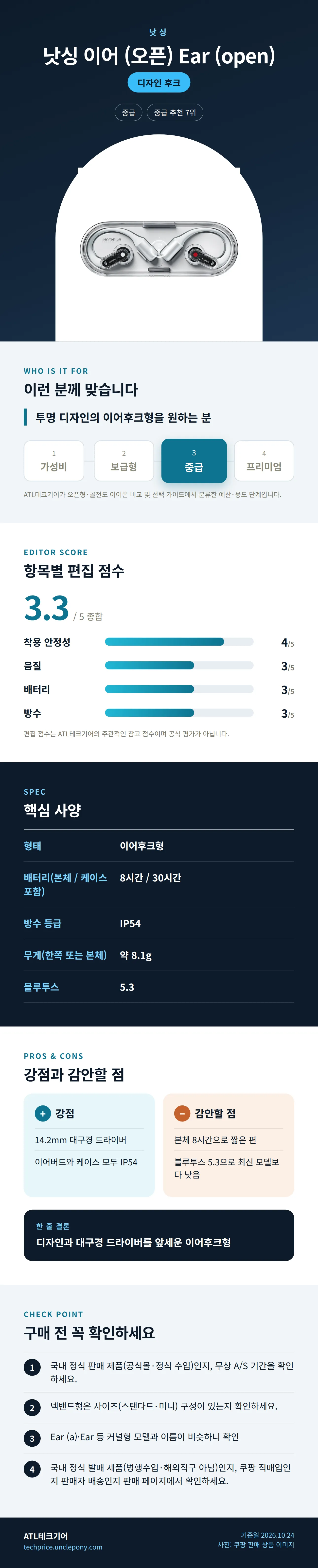 낫싱 이어 (오픈) Ear (open) 상세 정보: 추천 대상, 항목별 편집 점수, 핵심 사양, 강점과 감안할 점, 구매 전 확인