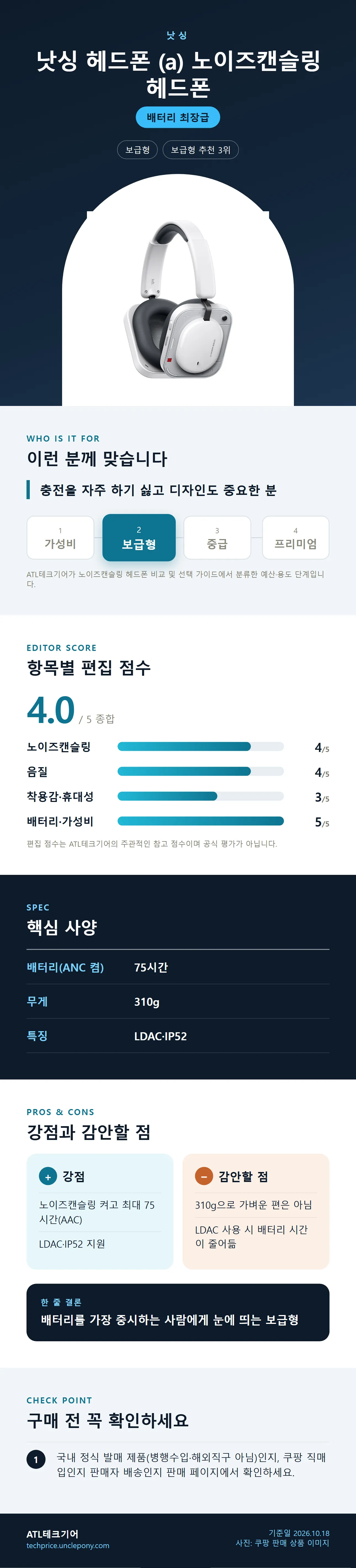낫싱 헤드폰 (a) 노이즈캔슬링 헤드폰 상세 정보: 추천 대상, 항목별 편집 점수, 핵심 사양, 강점과 감안할 점, 구매 전 확인