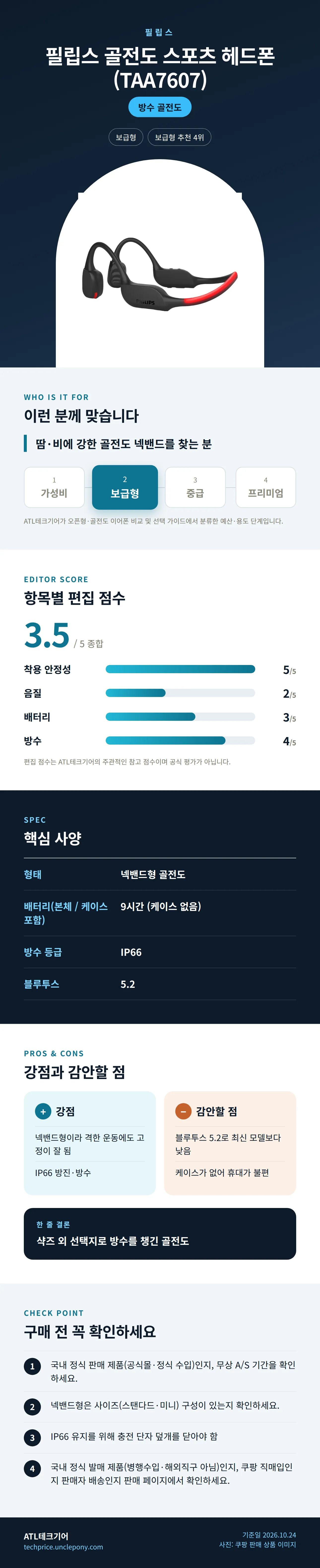 필립스 골전도 스포츠 헤드폰 (TAA7607) 상세 정보: 추천 대상, 항목별 편집 점수, 핵심 사양, 강점과 감안할 점, 구매 전 확인