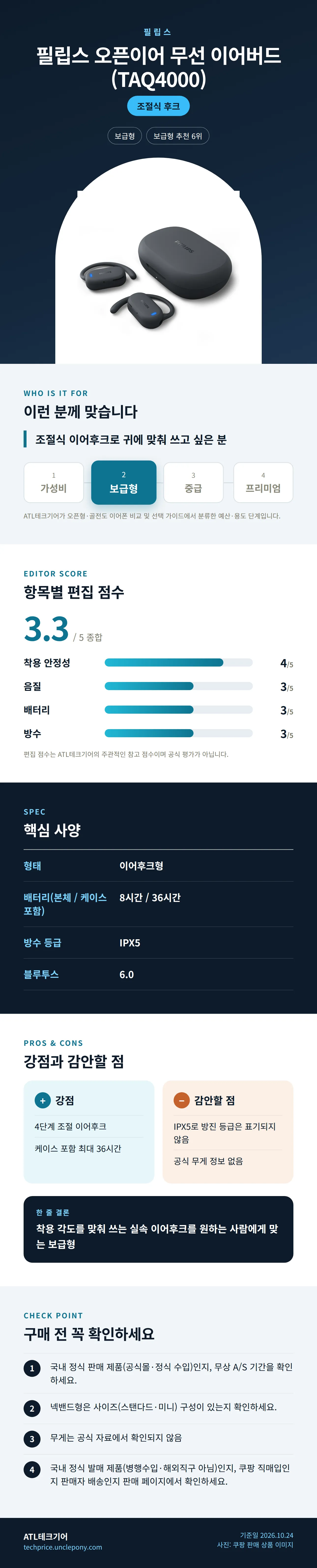 필립스 오픈이어 무선 이어버드 (TAQ4000) 상세 정보: 추천 대상, 항목별 편집 점수, 핵심 사양, 강점과 감안할 점, 구매 전 확인