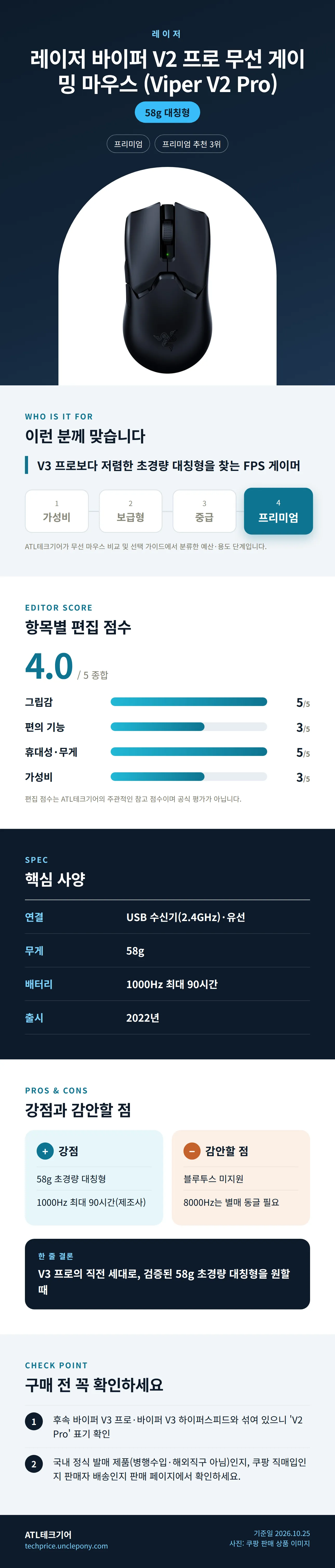 레이저 바이퍼 V2 프로 무선 게이밍 마우스 (Viper V2 Pro) 상세 정보: 추천 대상, 항목별 편집 점수, 핵심 사양, 강점과 감안할 점, 구매 전 확인