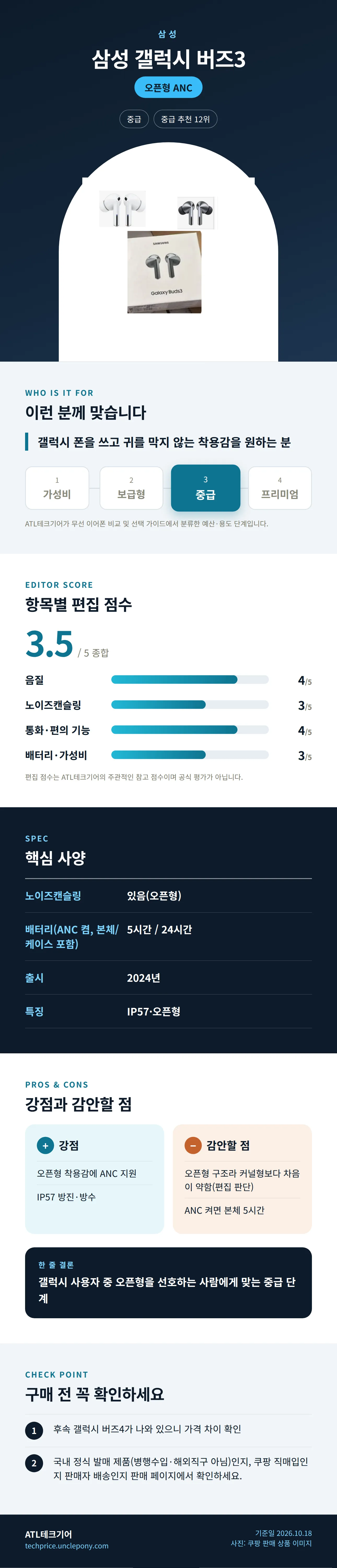 삼성 갤럭시 버즈3 상세 정보: 추천 대상, 항목별 편집 점수, 핵심 사양, 강점과 감안할 점, 구매 전 확인