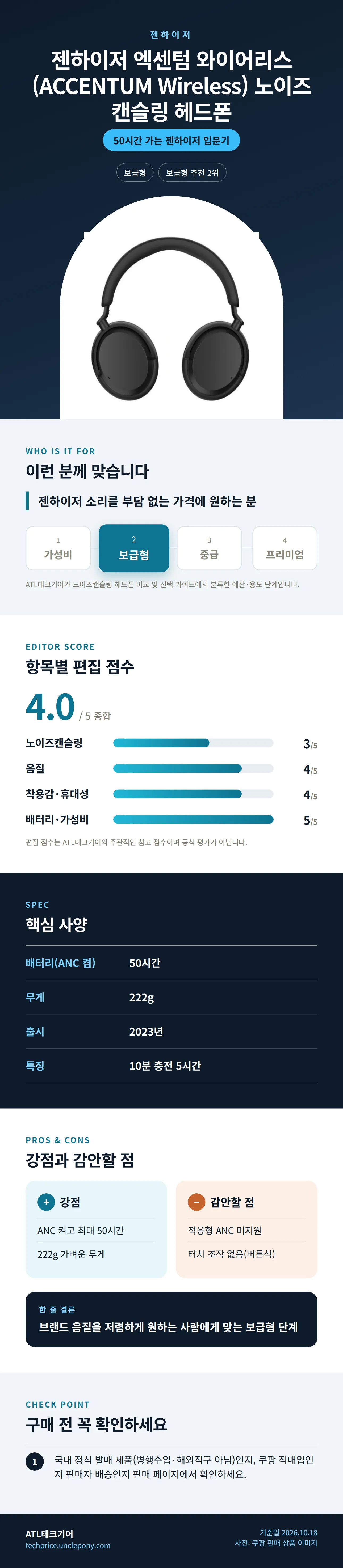젠하이저 엑센텀 와이어리스 (ACCENTUM Wireless) 노이즈캔슬링 헤드폰 상세 정보: 추천 대상, 항목별 편집 점수, 핵심 사양, 강점과 감안할 점, 구매 전 확인