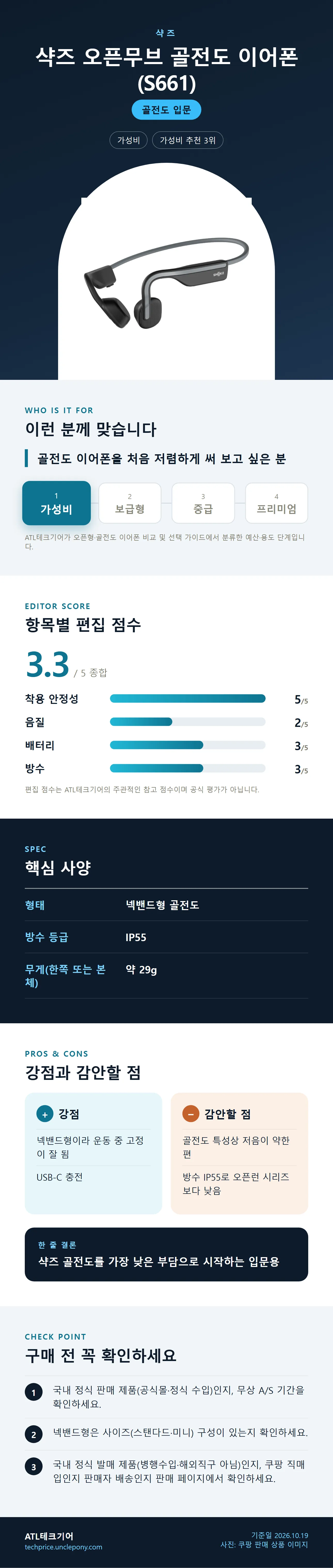 샥즈 오픈무브 골전도 이어폰 (S661) 상세 정보: 추천 대상, 항목별 편집 점수, 핵심 사양, 강점과 감안할 점, 구매 전 확인