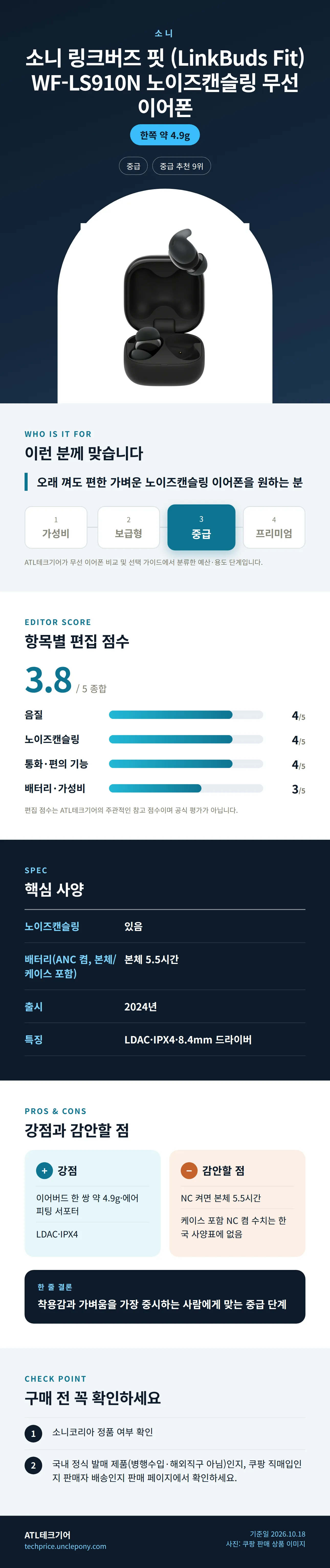 소니 링크버즈 핏 (LinkBuds Fit) WF-LS910N 노이즈캔슬링 무선 이어폰 상세 정보: 추천 대상, 항목별 편집 점수, 핵심 사양, 강점과 감안할 점, 구매 전 확인