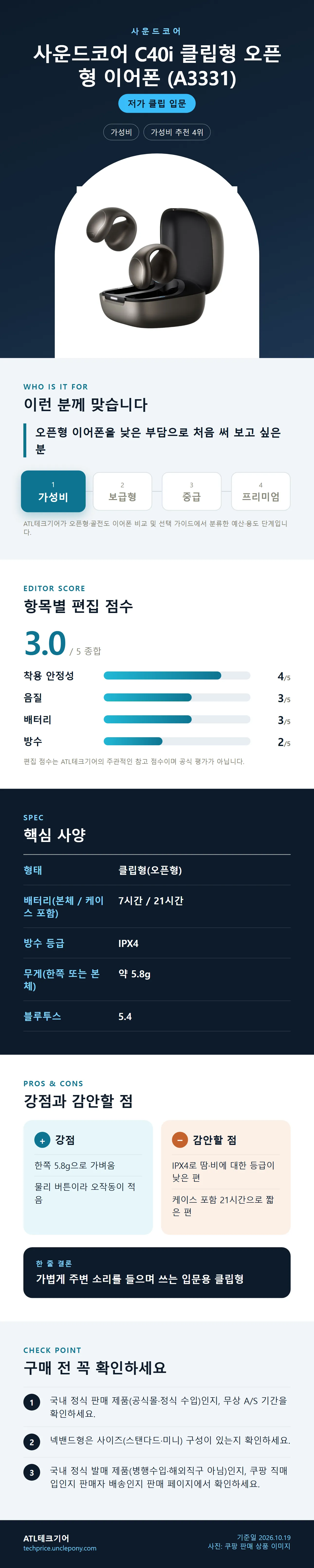 사운드코어 C40i 클립형 오픈형 이어폰 (A3331) 상세 정보: 추천 대상, 항목별 편집 점수, 핵심 사양, 강점과 감안할 점, 구매 전 확인