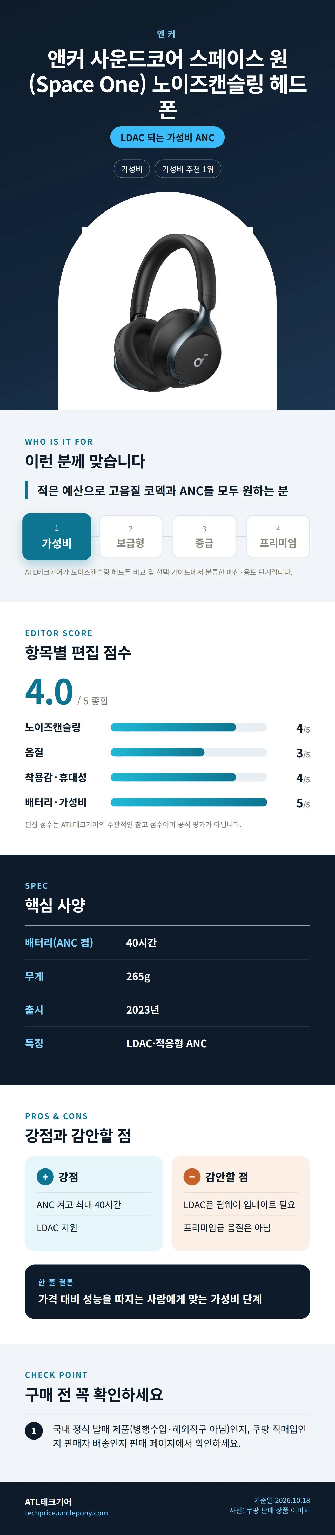 앤커 사운드코어 스페이스 원 (Space One) 노이즈캔슬링 헤드폰 상세 정보: 추천 대상, 항목별 편집 점수, 핵심 사양, 강점과 감안할 점, 구매 전 확인