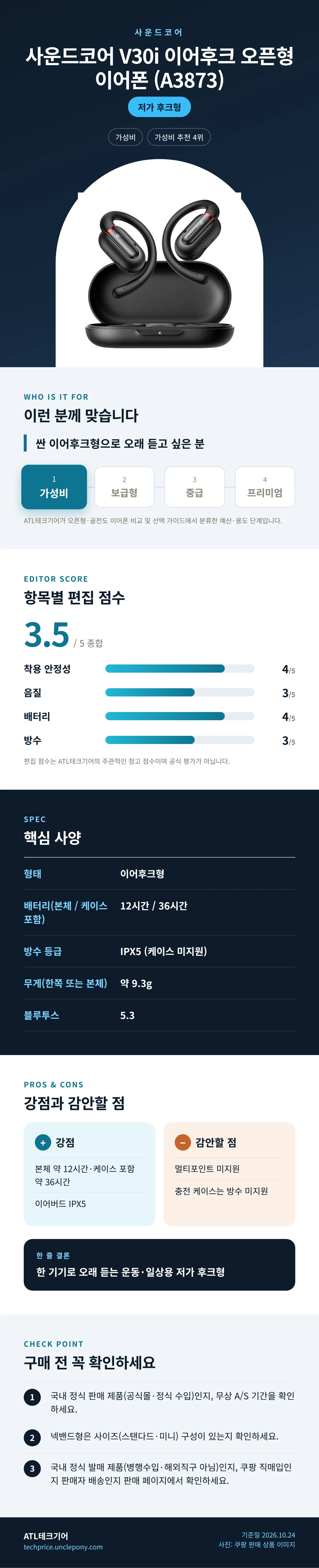 사운드코어 V30i 이어후크 오픈형 이어폰 (A3873) 상세 정보: 추천 대상, 항목별 편집 점수, 핵심 사양, 강점과 감안할 점, 구매 전 확인