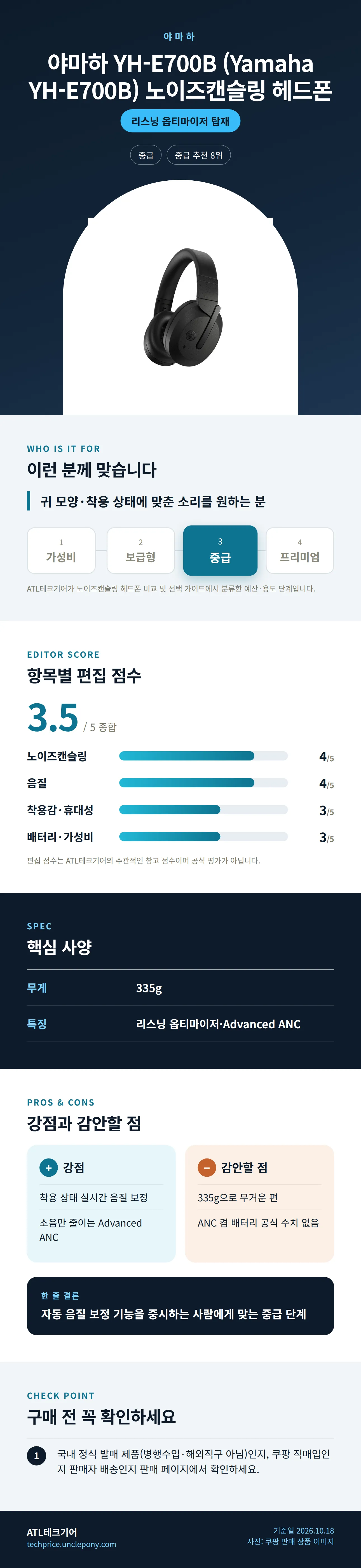 야마하 YH-E700B (Yamaha YH-E700B) 노이즈캔슬링 헤드폰 상세 정보: 추천 대상, 항목별 편집 점수, 핵심 사양, 강점과 감안할 점, 구매 전 확인